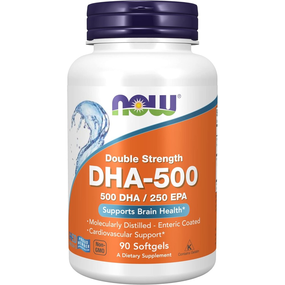 Now Foods DHA 500 Double Strength Softgels front view bottle package