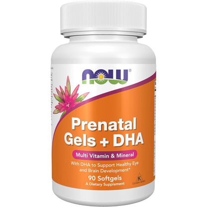 NOW Foods Prenatal Gels and DHA 90 softgels front view showcasing imported premium prenatal multivitamin packaging.
