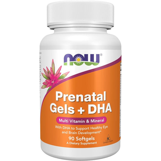 NOW Foods Prenatal Gels and DHA 90 softgels front view showcasing imported premium prenatal multivitamin packaging.