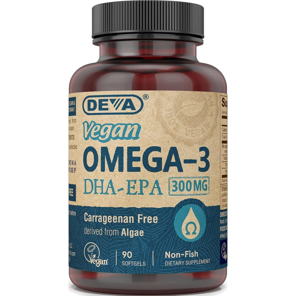Deva Vegan Omega 3 DHA EPA 300 Milligrams bottle front view showing ninety vegan softgels label.