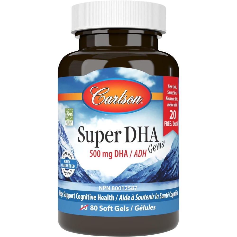 Carlson Super DHA Gems 500mg softgels front bottle view authentic omega three supplement
