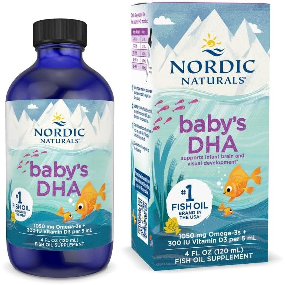 Nordic Naturals Baby's DHA liquid four fluid ounce front bottle view for infant brain development.