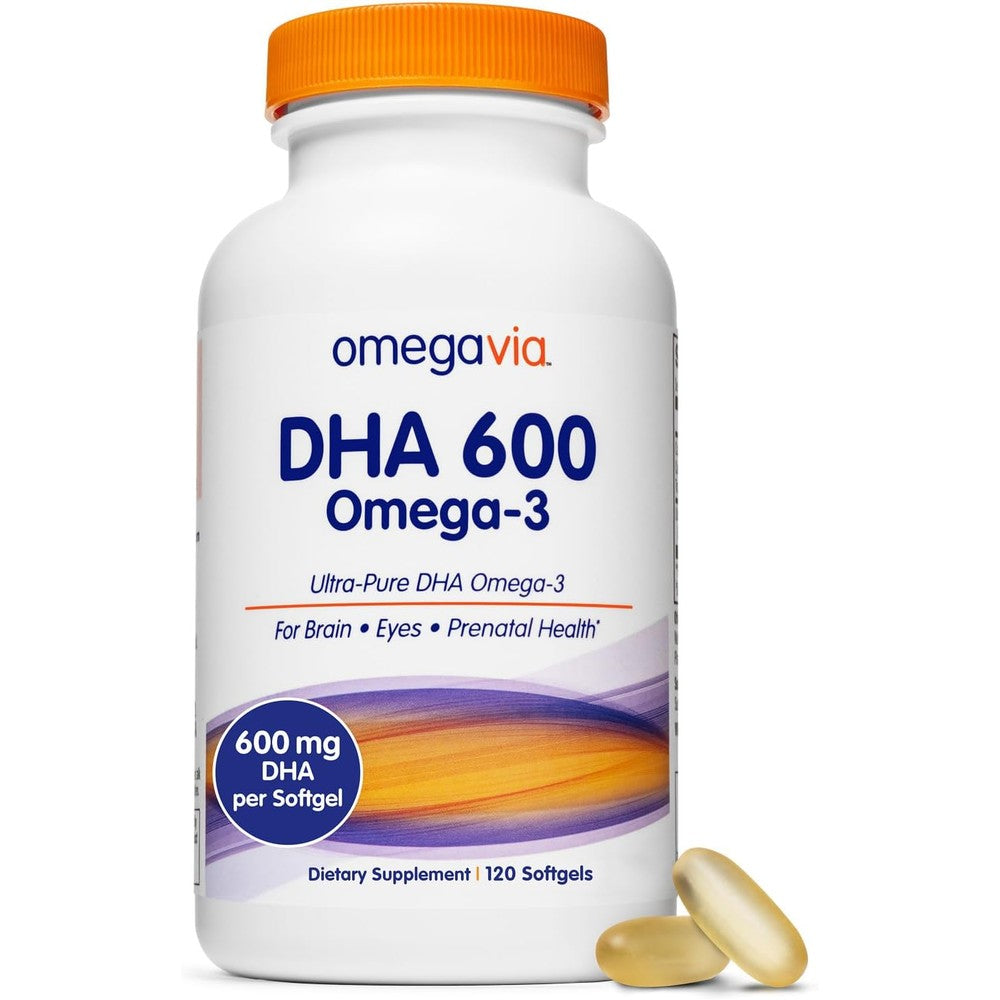OmegaVia DHA 600mg prenatal fish oil supplement front bottle view