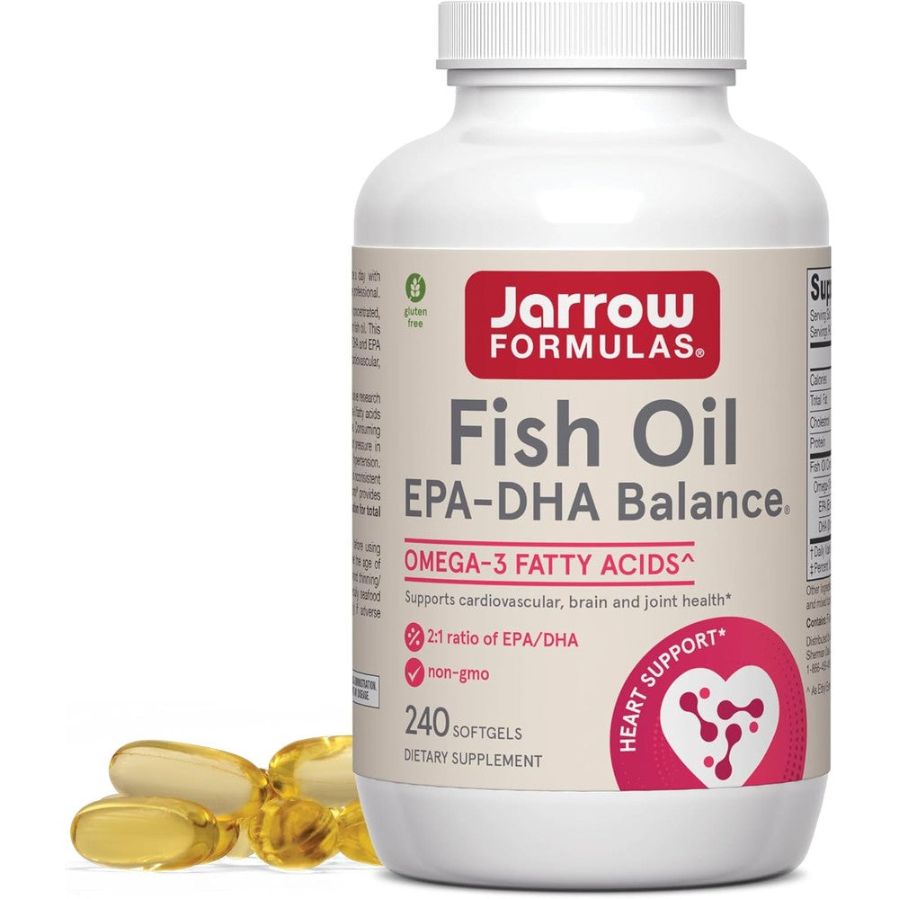 Jarrow Formulas EPA DHA Balance 240 softgels front view showing omega three cardiovascular support supplement packaging