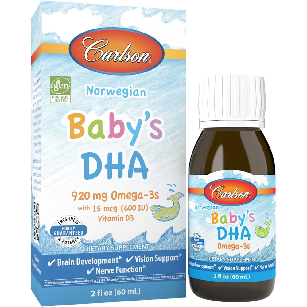 Carlson Baby's DHA liquid supplement 60 milliliters bottle front view showing omega-3 and vitamin d3 benefits