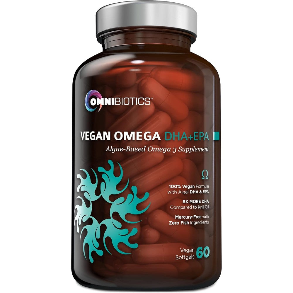 OmniBiotics Vegan Omega 3 DHA EPA supplement front bottle view showcasing authentic plant based label