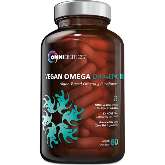 OmniBiotics Vegan Omega 3 DHA EPA supplement front bottle view showcasing authentic plant based label