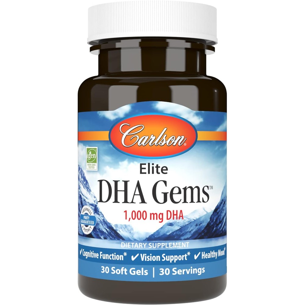 Carlson Elite DHA Gems 1000mg 30 softgels front view bottle for premium brain health support.