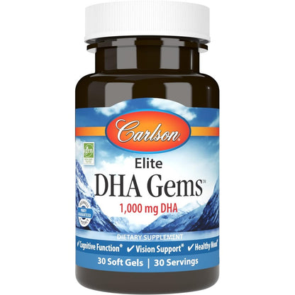 Carlson Elite DHA Gems 1000mg 30 softgels front view bottle for premium brain health support.