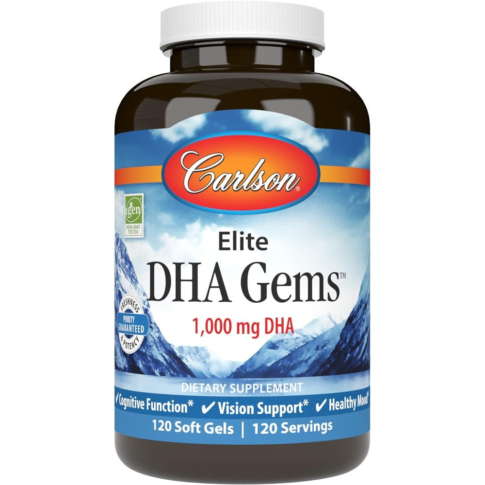 Carlson Elite DHA Gems front bottle view showing 1000mg DHA strength.