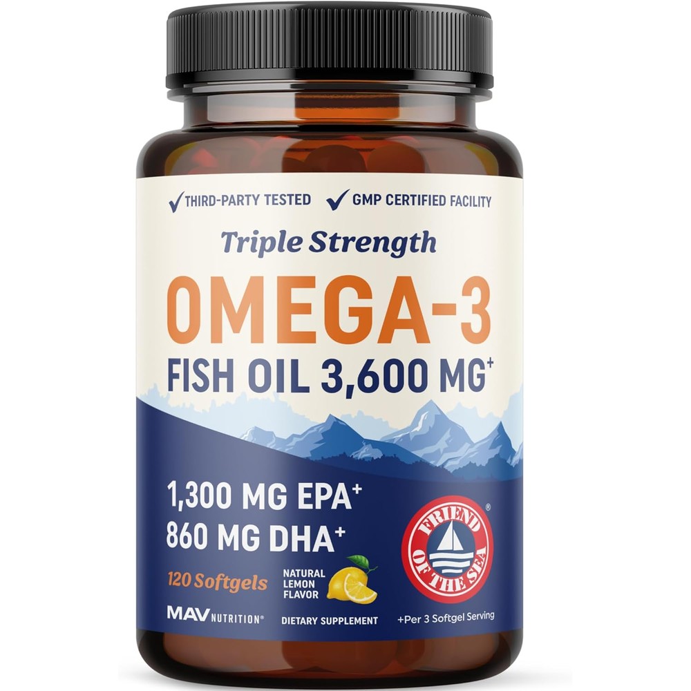 WITFY MAV Nutrition Triple Strength Omega Fish Oil front view bottle showing product dosage details