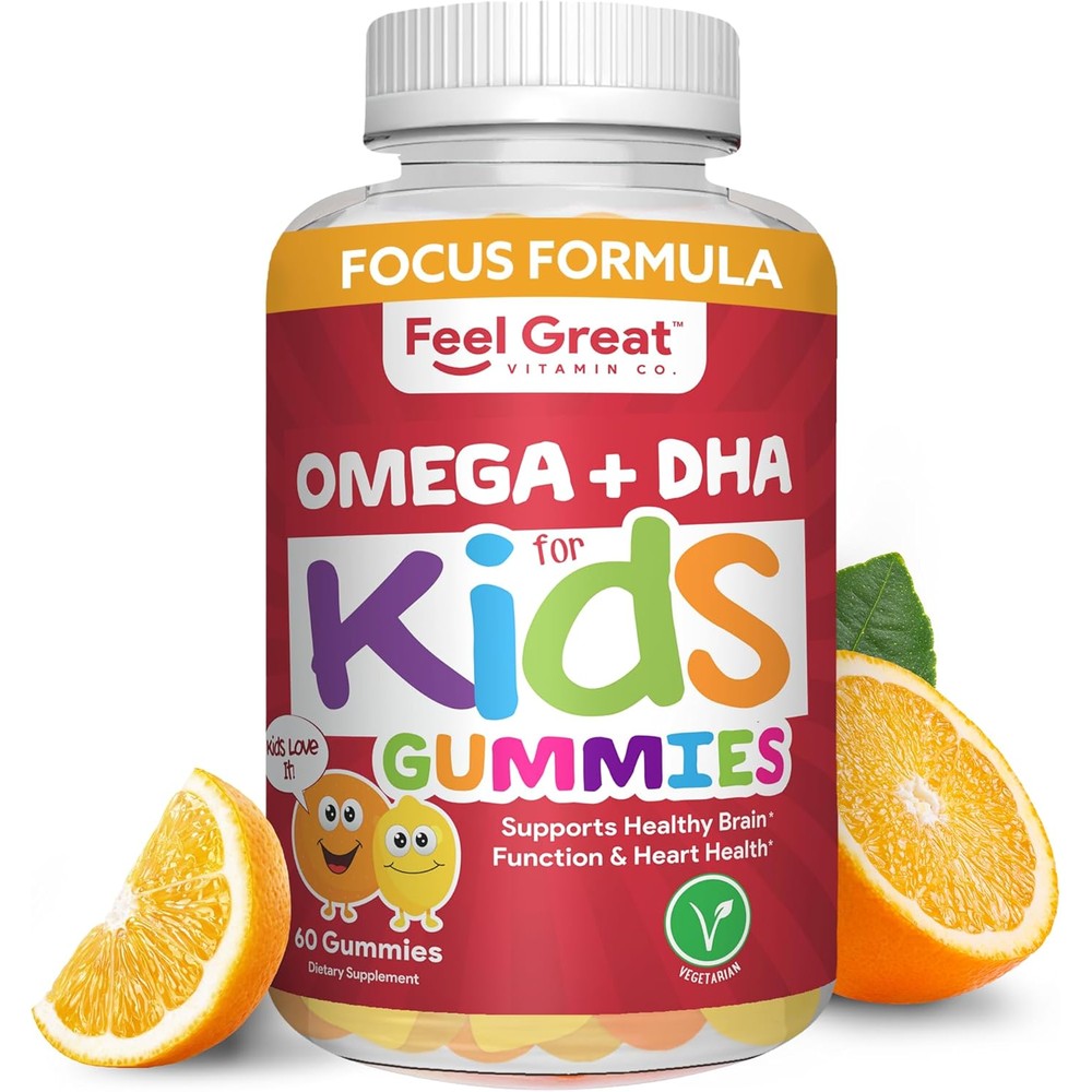 Feel Great 365 Kids Complete Omega DHA Gummies front view bottle for children brain health