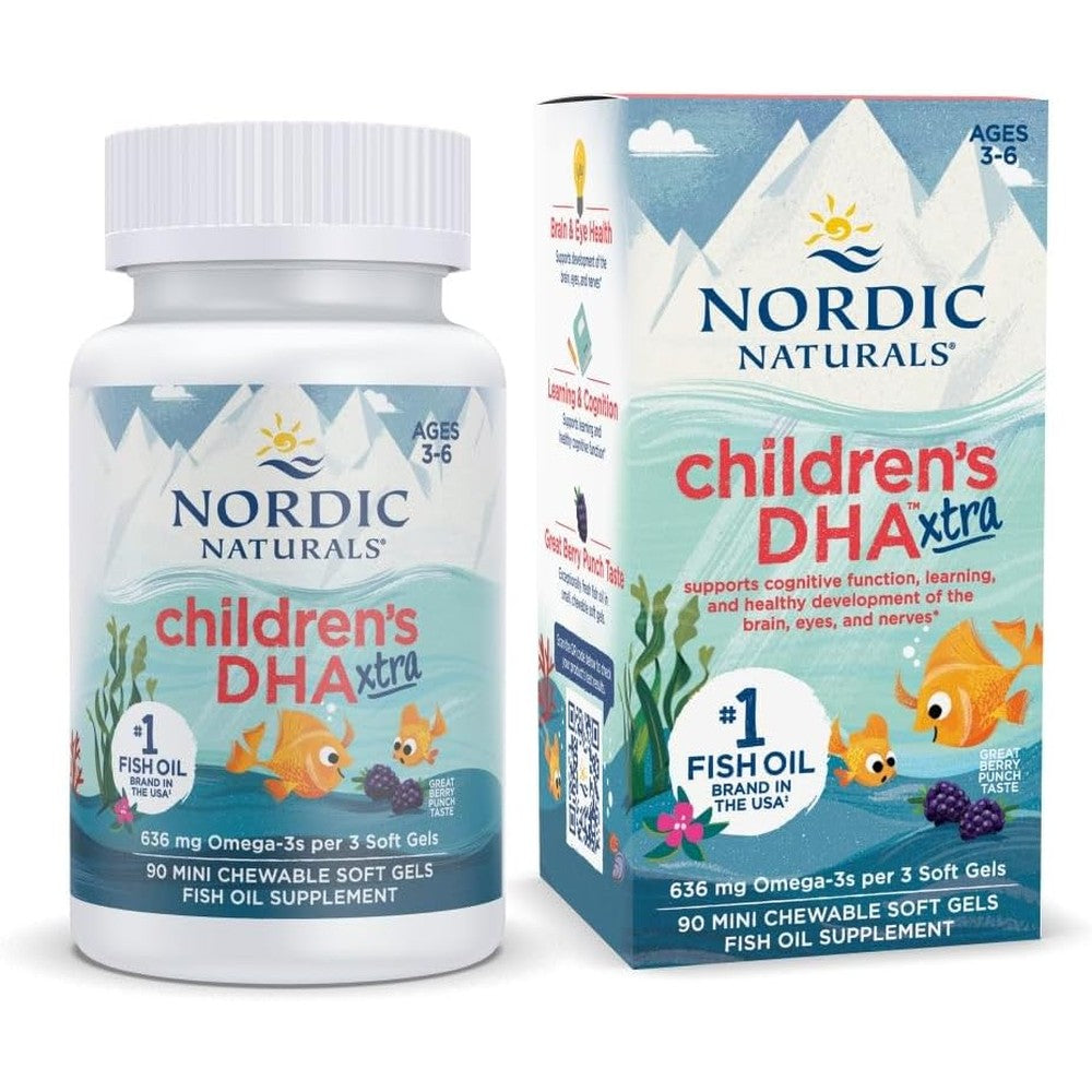 Nordic Naturals Childrens DHA Xtra 90 mini softgels front view showing berry punch flavor bottle for authentic kids fish oil.