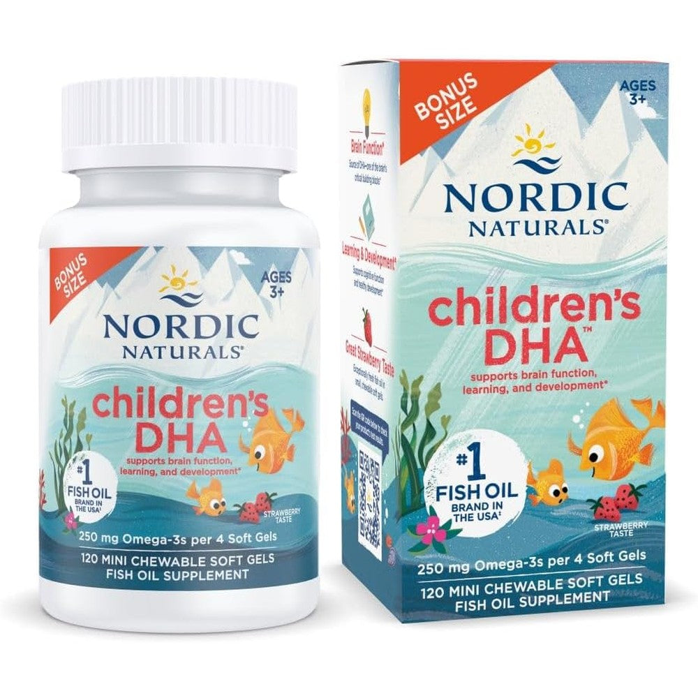 Nordic Naturals Children's DHA 120 mini chewable softgels front view bottle for kids brain health