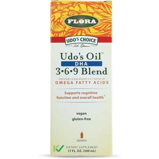 Flora Udos Choice Omega 369 Oil DHA Blend 17 ounce amber glass bottle front view