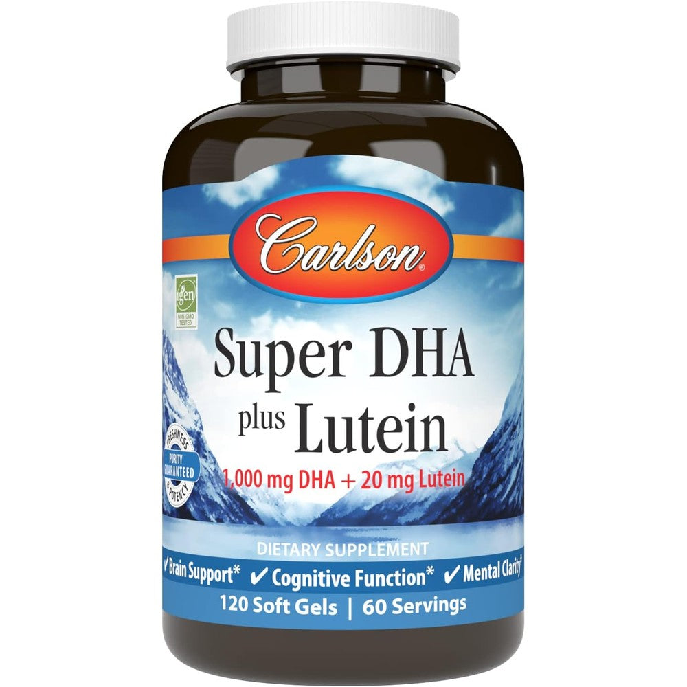 Carlson Super DHA Plus Lutein 120 softgels bottle front view displaying the brain and eye health label.