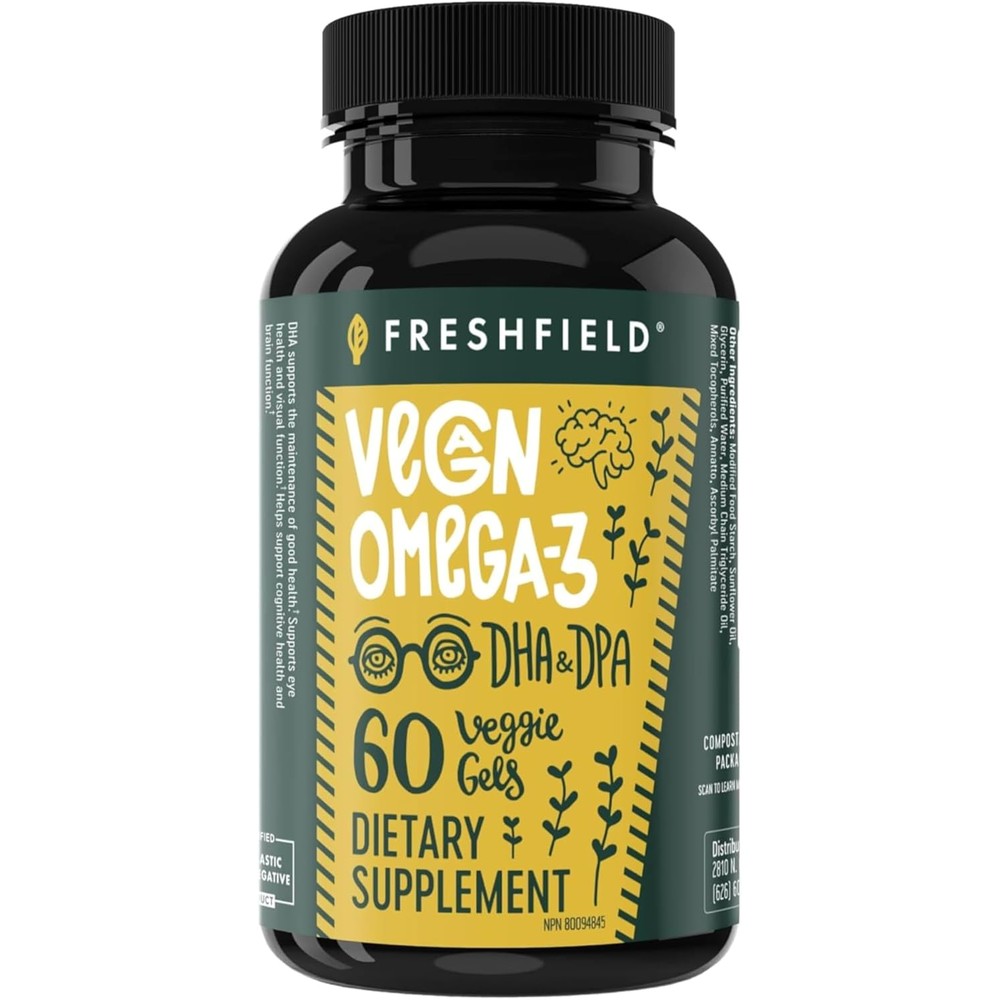 Freshfield Vegan Omega 3 DHA Supplement front view bottle for plant based joint health