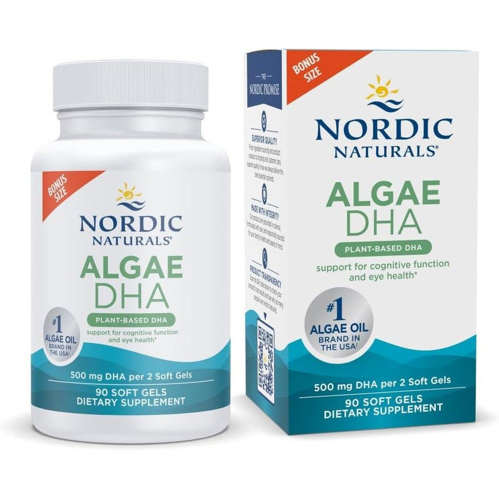 Nordic Naturals Algae DHA 90 Softgels front view bottle of vegan omega three supplement.