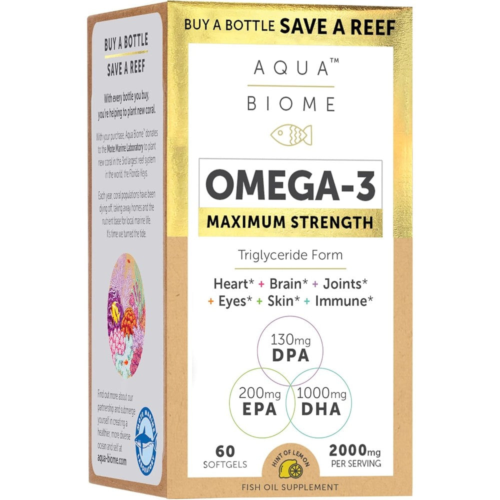 Enzymedica Aqua Biome Maximum Strength Omega 3 Fish Oil 60 softgels front view showcasing packaging for heart and gut support