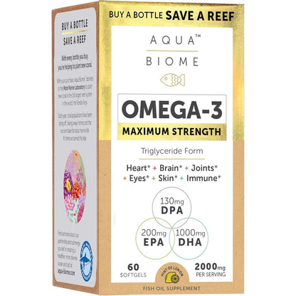 Enzymedica Aqua Biome Maximum Strength Omega 3 Fish Oil 60 softgels front view showcasing packaging for heart and gut support