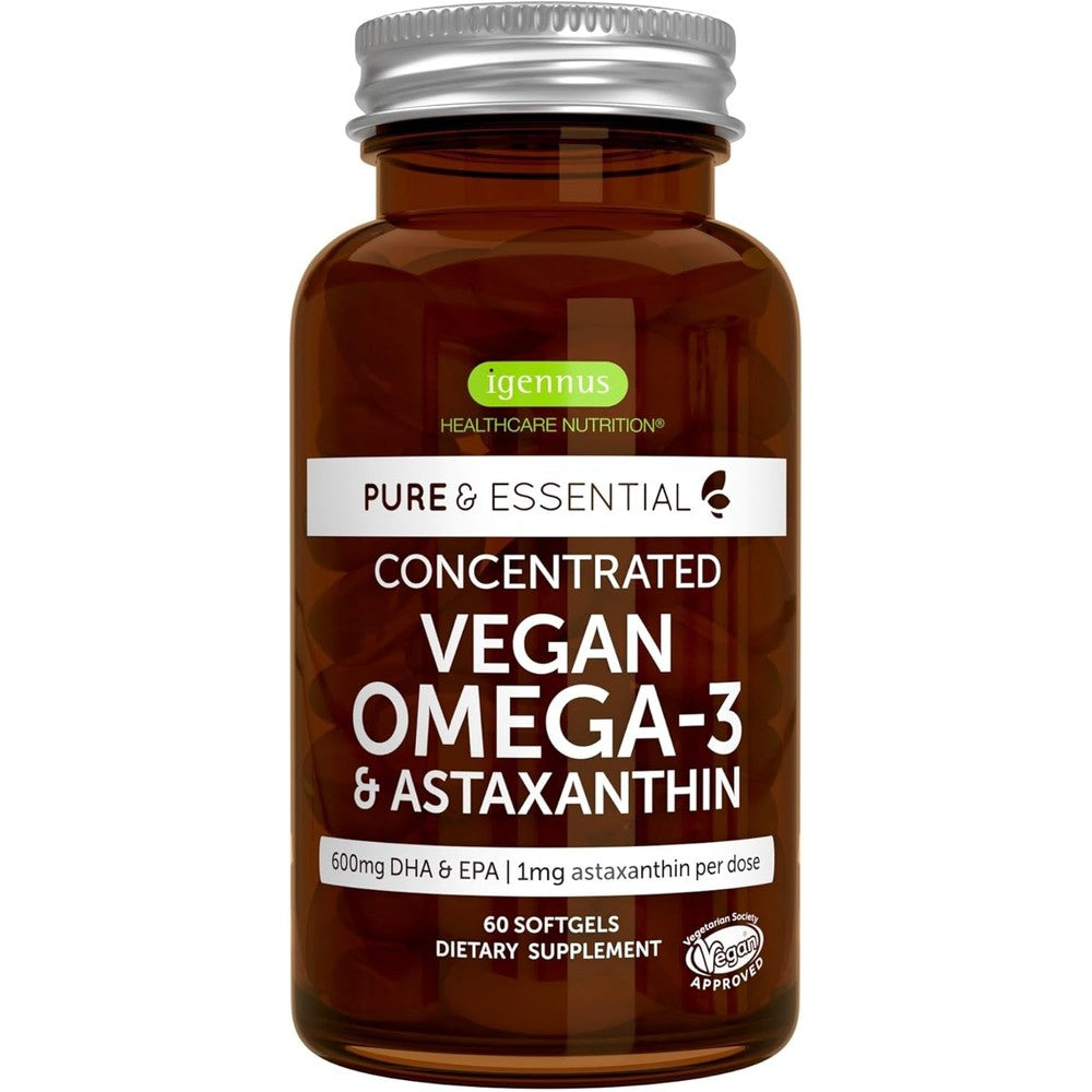 Igennus Vegan Omega 3 Algae Oil sixty softgels bottle front view showcasing clean plant based formulation