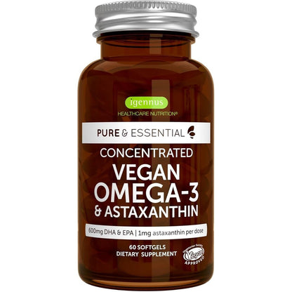 Igennus Vegan Omega 3 Algae Oil sixty softgels bottle front view showcasing clean plant based formulation
