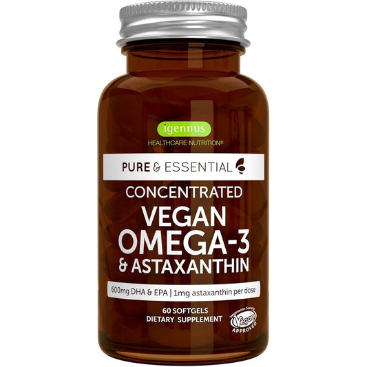 Igennus Vegan Omega 3 Algae Oil sixty softgels bottle front view showcasing clean plant based formulation