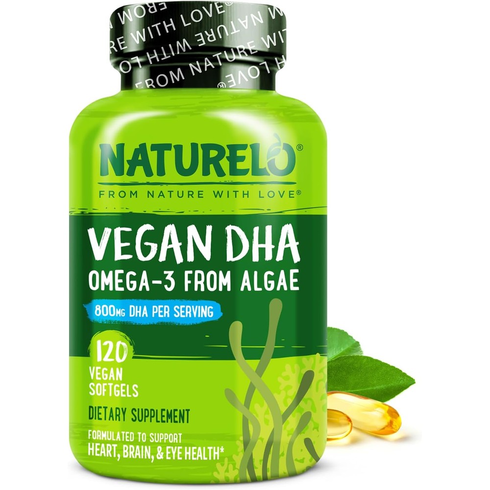 Naturelo Vegan DHA Omega 3 Algae 120 softgels bottle front view showcasing premium plant based dietary supplements.