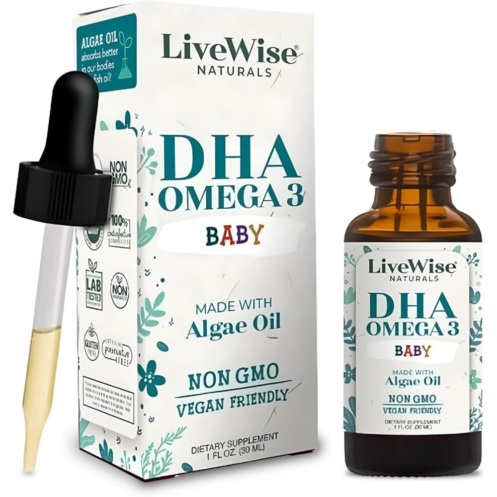 LiveWise Naturals Vegan DHA Omega 3 Drops front view bottle for baby brain development