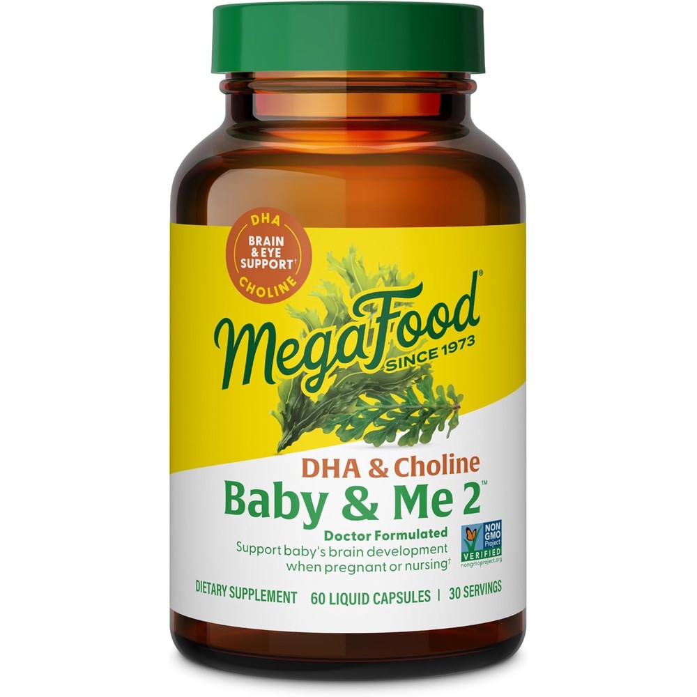 MegaFood Baby And Me 2 Prenatal DHA And Choline bottle front view showing clean vegan softgel packaging.