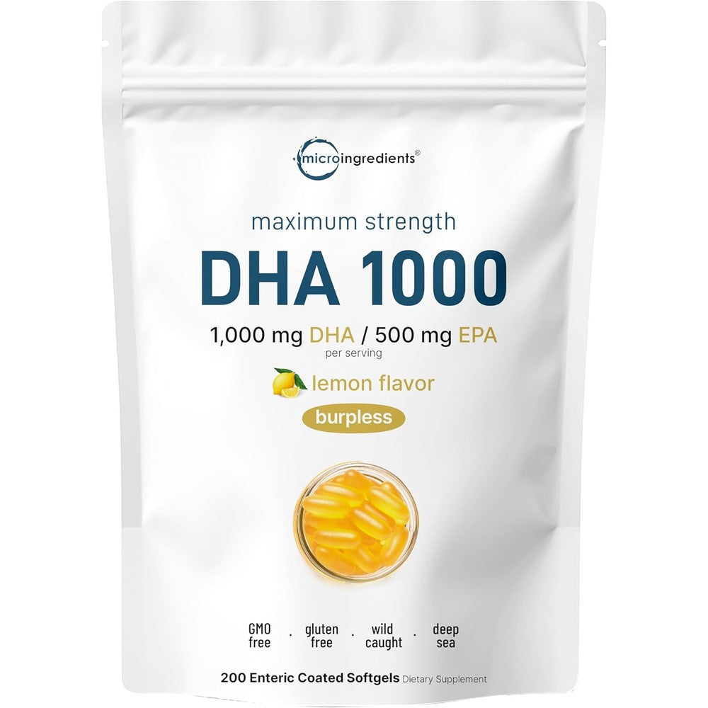 Micro Ingredients Omega 3 Fish Oil DHA 1000mg 200 softgels front pouch view showing authentic premium imported packaging.