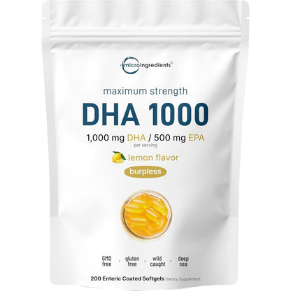 Micro Ingredients Omega 3 Fish Oil DHA 1000mg 200 softgels front pouch view showing authentic premium imported packaging.