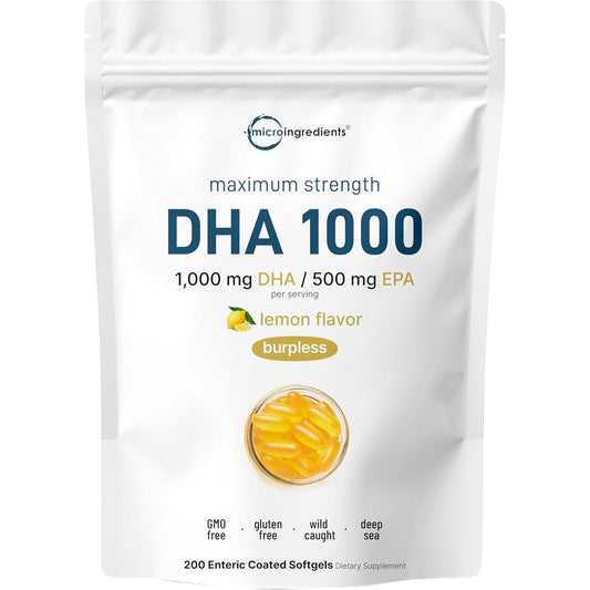 Micro Ingredients Omega 3 Fish Oil DHA 1000mg 200 softgels front pouch view showing authentic premium imported packaging.