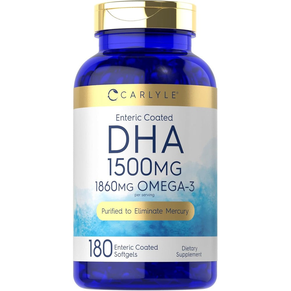 Carlyle DHA Supplement front view showing bottle with one hundred eighty softgels packaging.