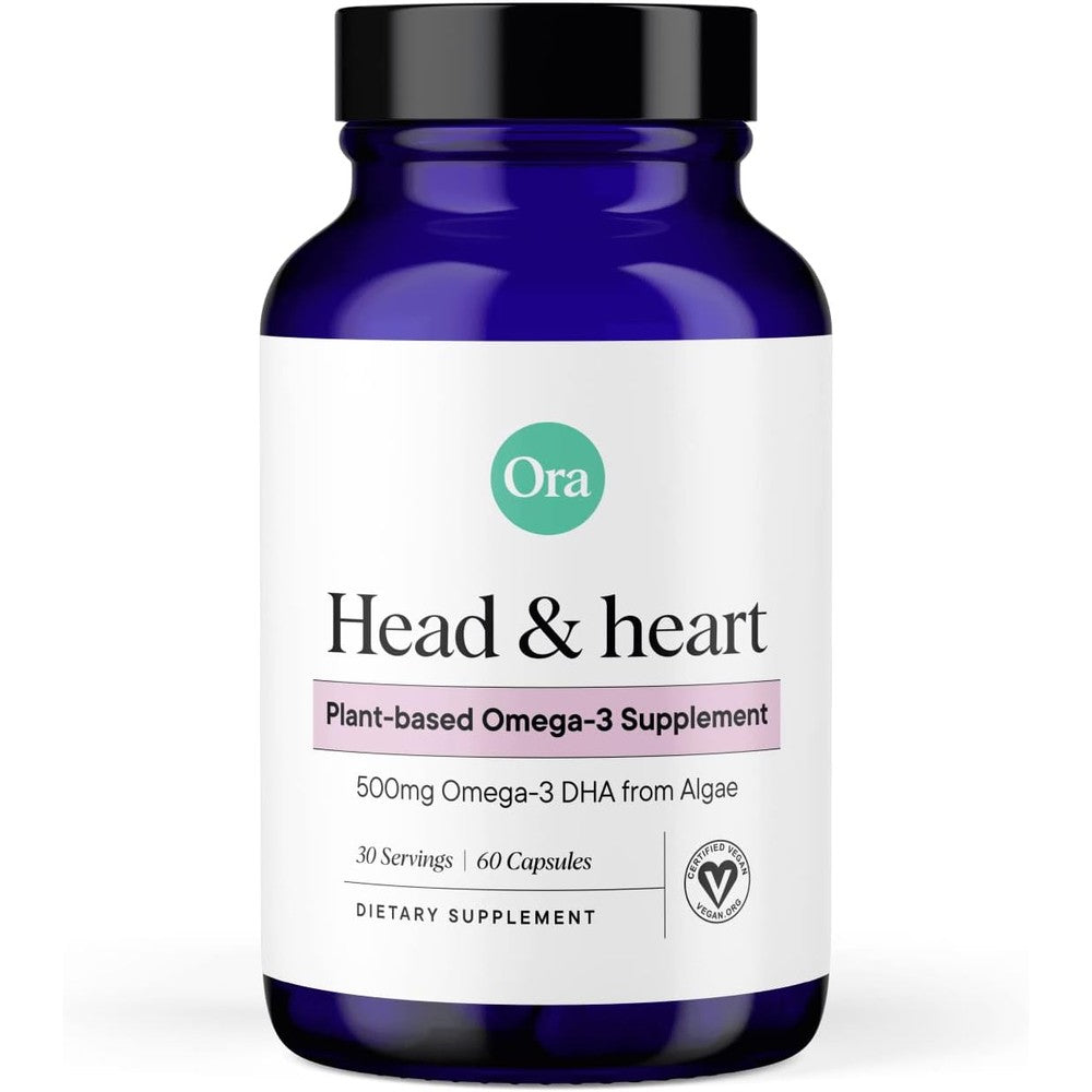 Ora Organic Vegan Omega 3 supplement bottle front view for premium plant based wellness.