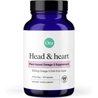 Ora Organic Vegan Omega 3 supplement bottle front view for premium plant based wellness.