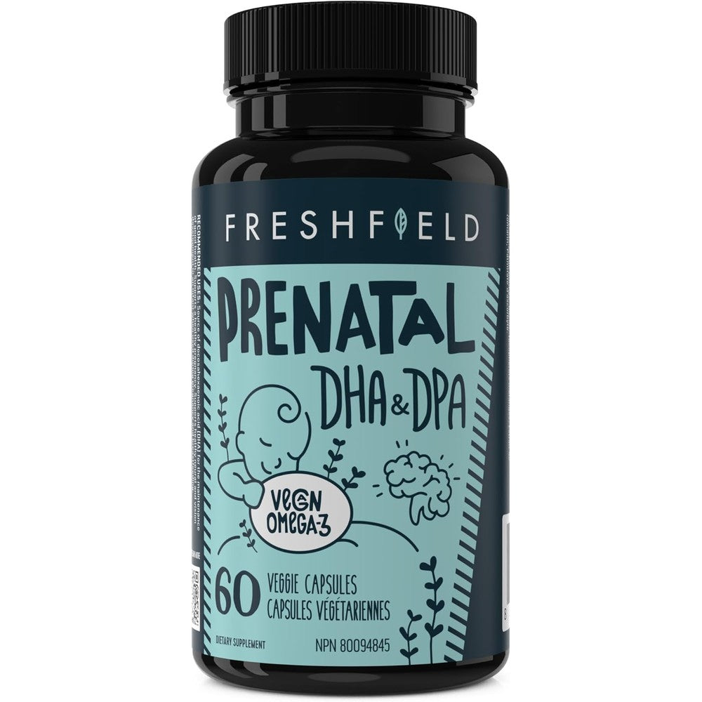 Freshfield Prenatal Vegan Omega 3 DHA 60 capsules front view bottle showing premium algal oil supplement packaging