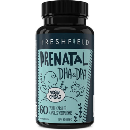 Freshfield Prenatal Vegan Omega 3 DHA 60 capsules front view bottle showing premium algal oil supplement packaging