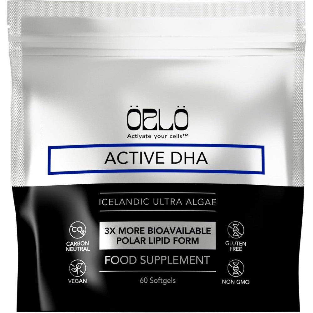 Orlo Active DHA Icelandic Ultra Algae 60 softgels front view of packaging.