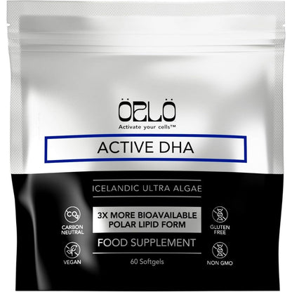 Orlo Active DHA Icelandic Ultra Algae 60 softgels front view of packaging.