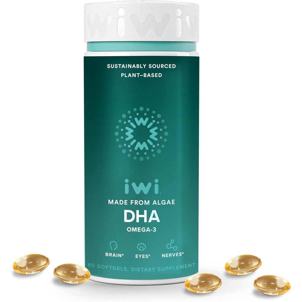 Iwi DHA Omega 3 Plant Based Algae 60 Softgels front view bottle