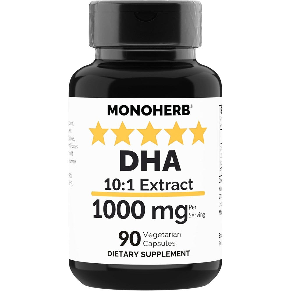 MONOHERB DHA Extract 1000 milligram bottle front view showing 90 vegetarian capsules for cognitive support