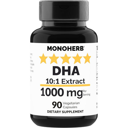 MONOHERB DHA Extract 1000 milligram bottle front view showing 90 vegetarian capsules for cognitive support