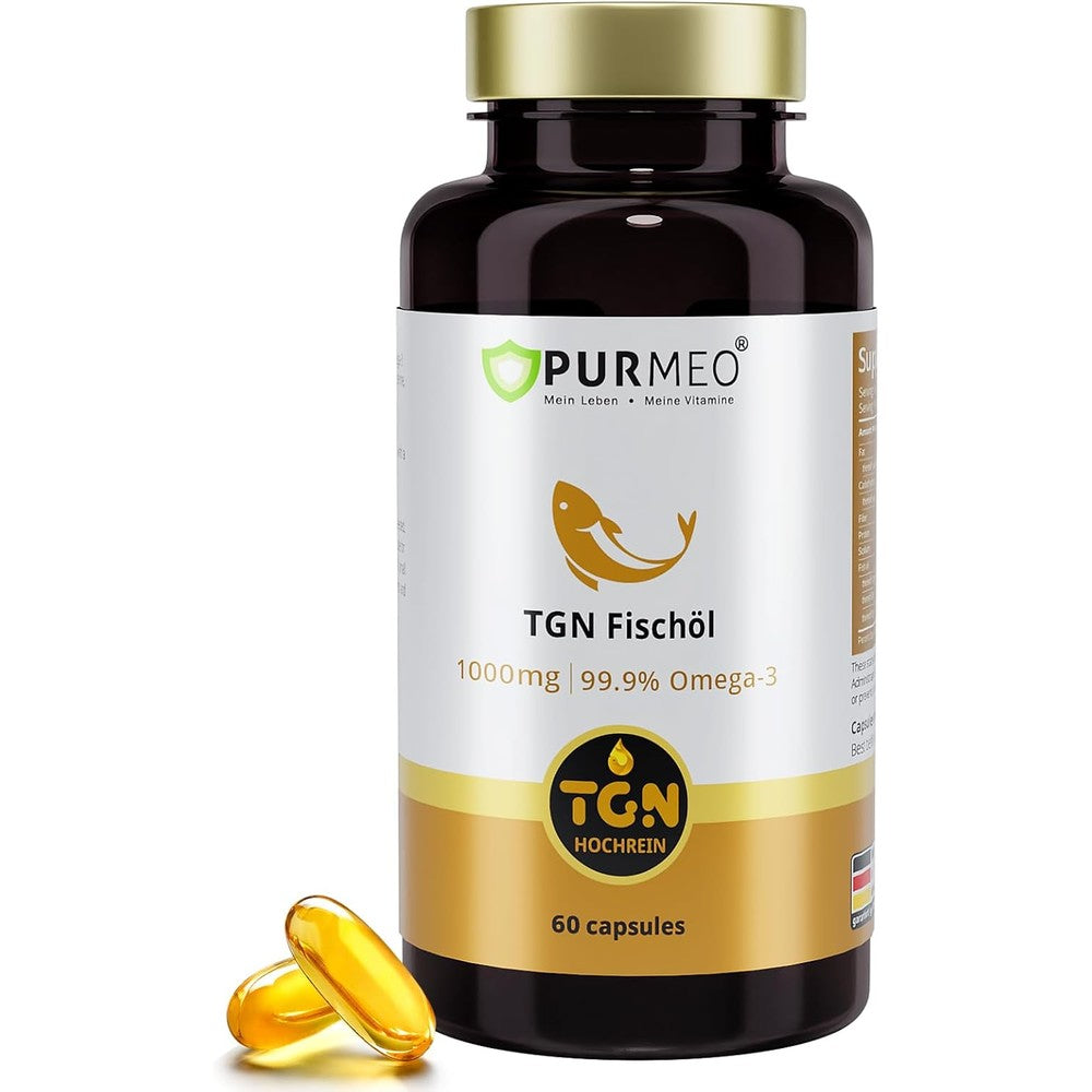 Purmeo Triglyceride TGN Fishchol Omega 3 60 softgels bottle front view highlighting premium German purity and absorption