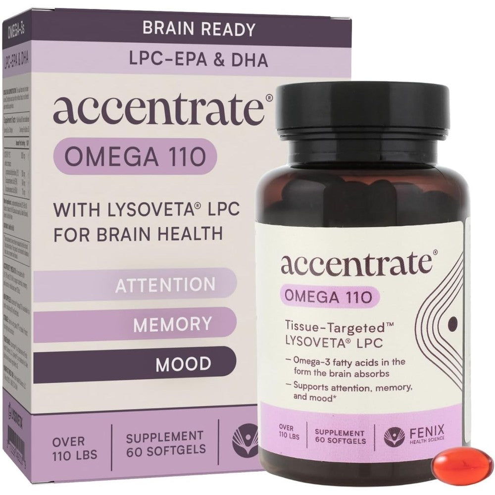 Accentrate Omega 110 Brain and Retina Support 60 Softgels front view bottle for advanced cognitive health.