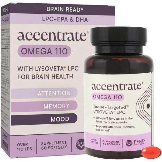 Accentrate Omega 110 Brain and Retina Support 60 Softgels front view bottle for advanced cognitive health.