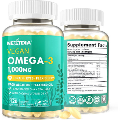 Nextdia Vegan Omega 3 front view of twin pack premium supplement bottle