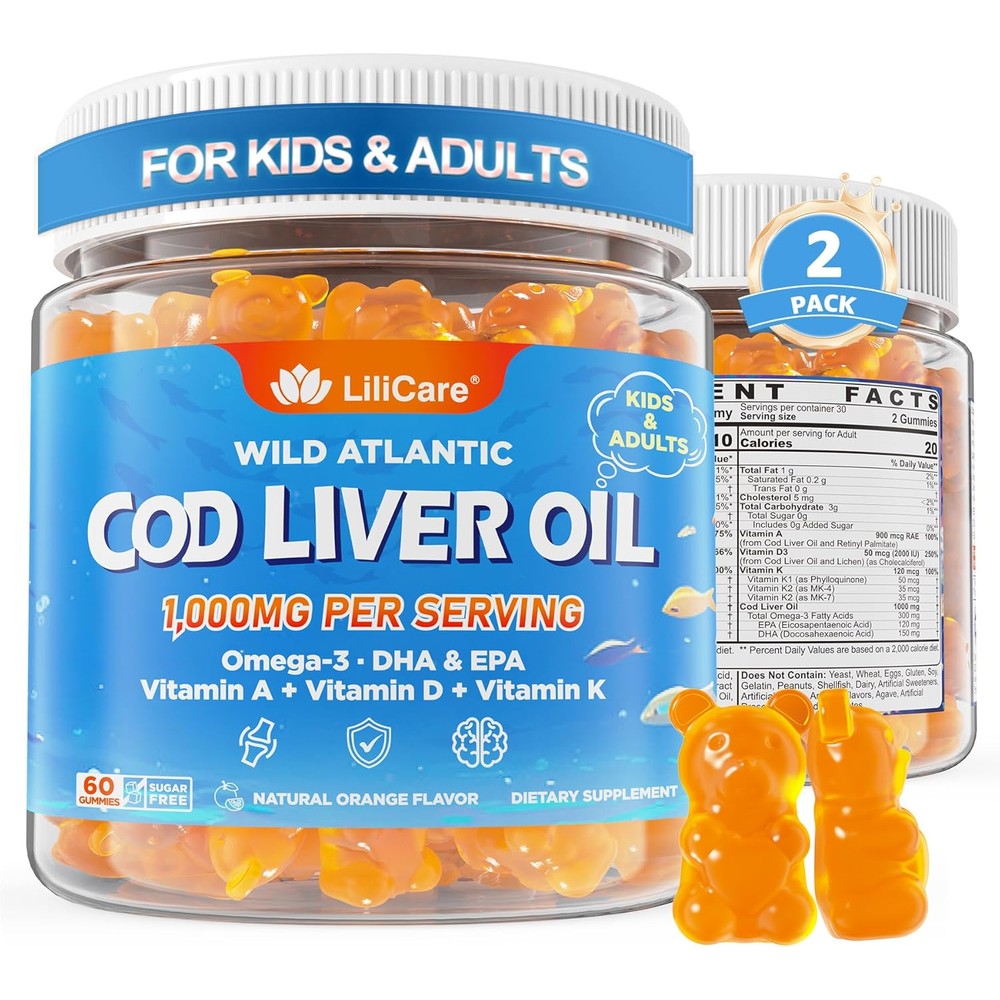 Lilicare Cod Liver Oil Omega 3 front view bottle of 120 orange gummies for immune and bone support