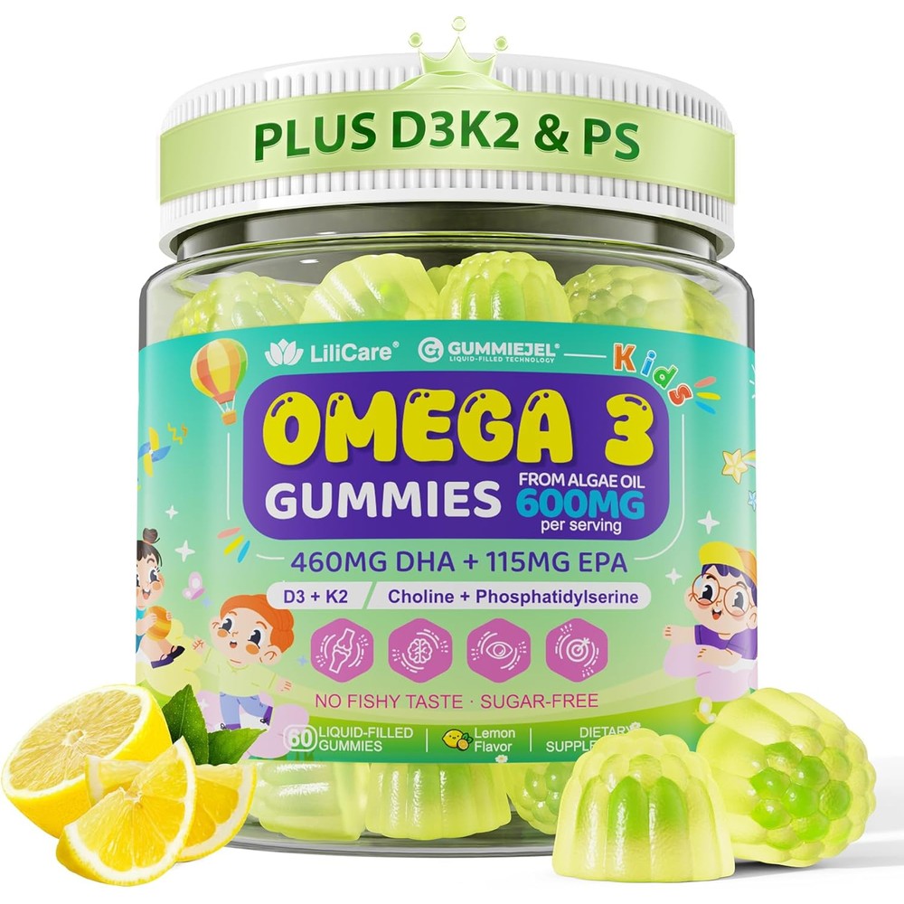 LILICARE Vegan Algae Kids Omega 3 DHA EPA Gummies front bottle packaging for children's brain health.