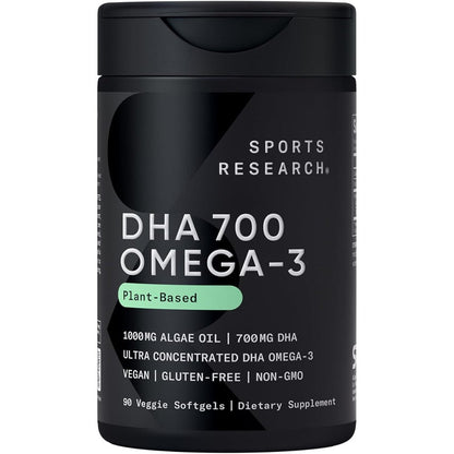 Sports Research Vegan DHA 700mg front view bottle of plant based omega 3 algae oil supplement